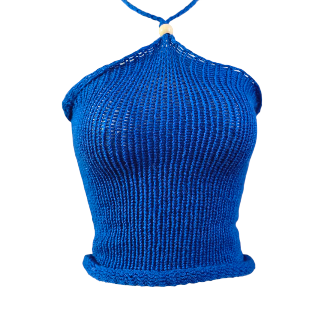 Blue hand knitt summer top. slightly sheer top