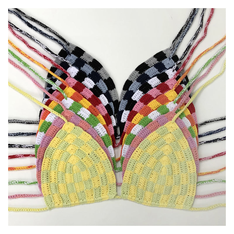 Pink checkered crochet bikini top