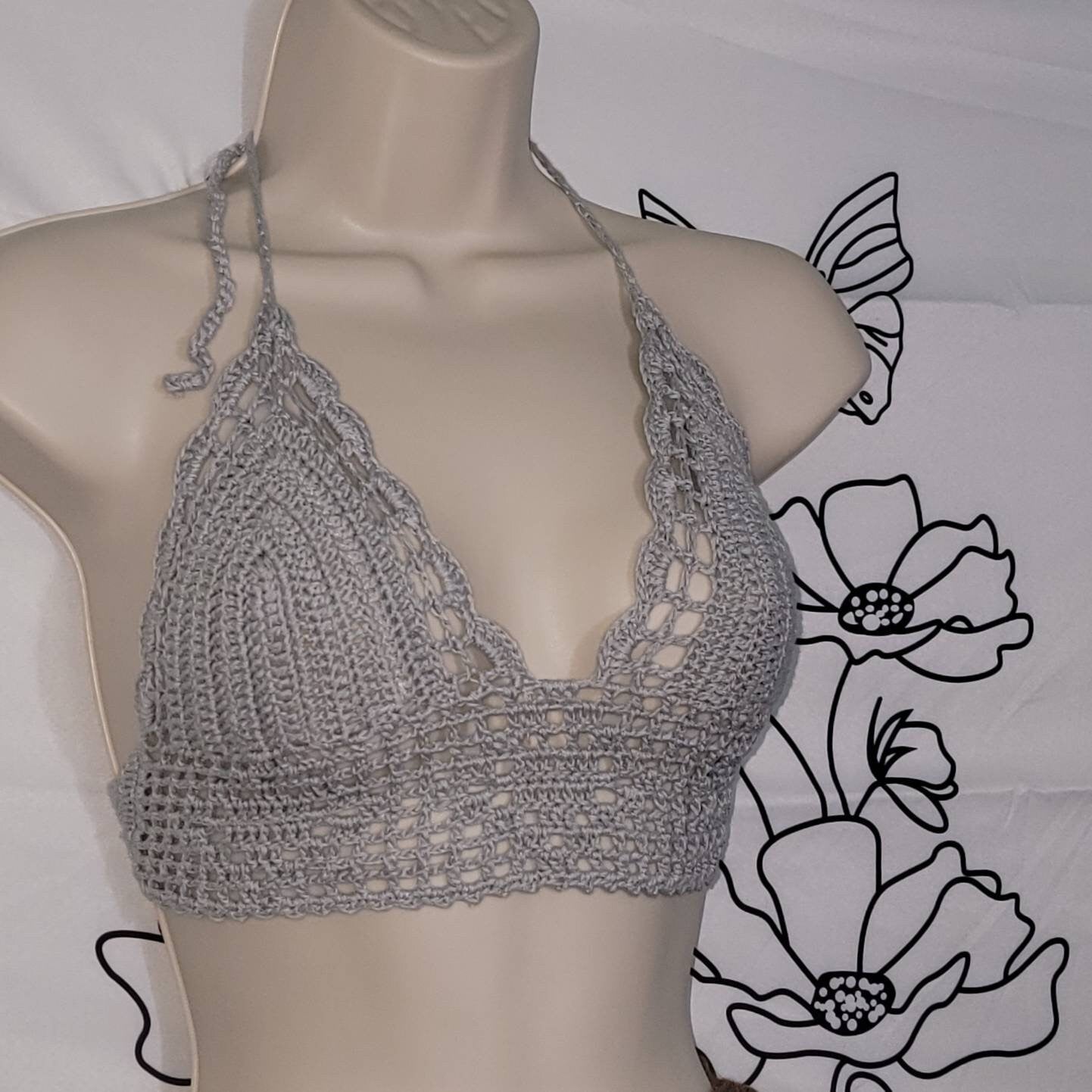 CROCHEBABES Gray Bralette Crochet Top Festival Bralette Top Crochet Top Crochet Bralette Festival Tops Bikini Sustainable Crop Top with Lining Large