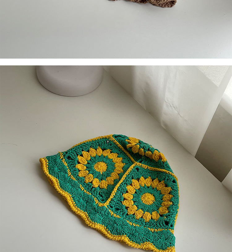 Handmade Design Double Color Hollow Basin Hat Women\'s Japanese Knitted Crochet Bucket Hat Korean Wool Fisherman Hat