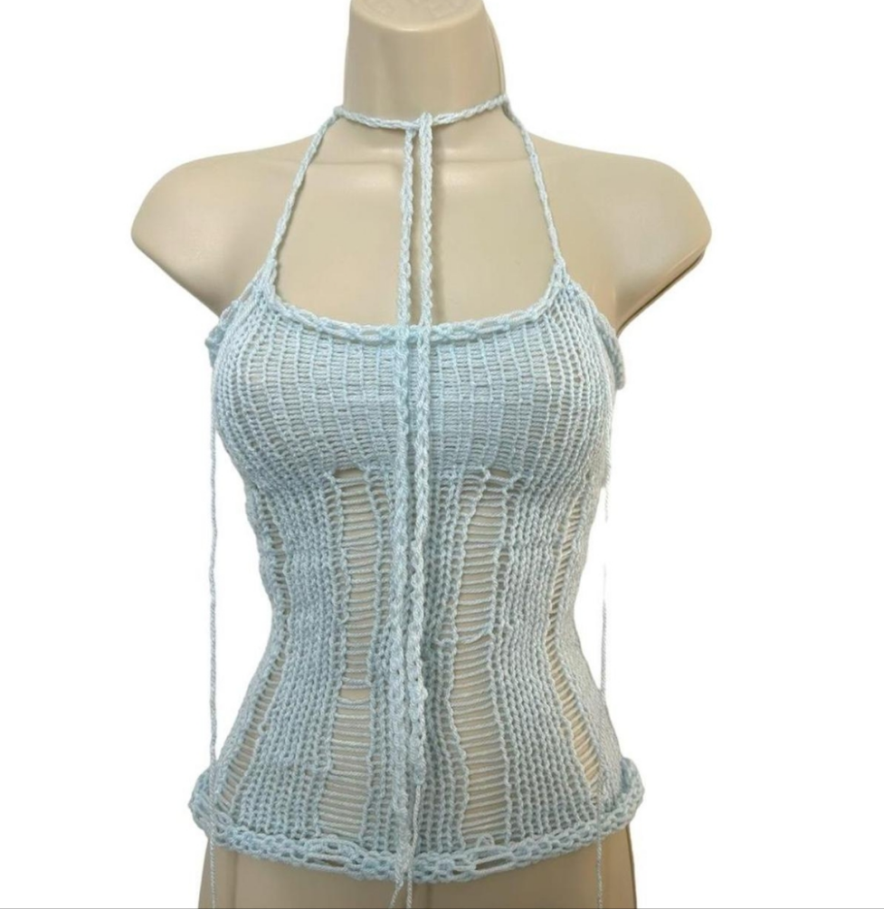 Chic Distressed Handmade Knit mesh Asymmetrical  knitt top one of a kind