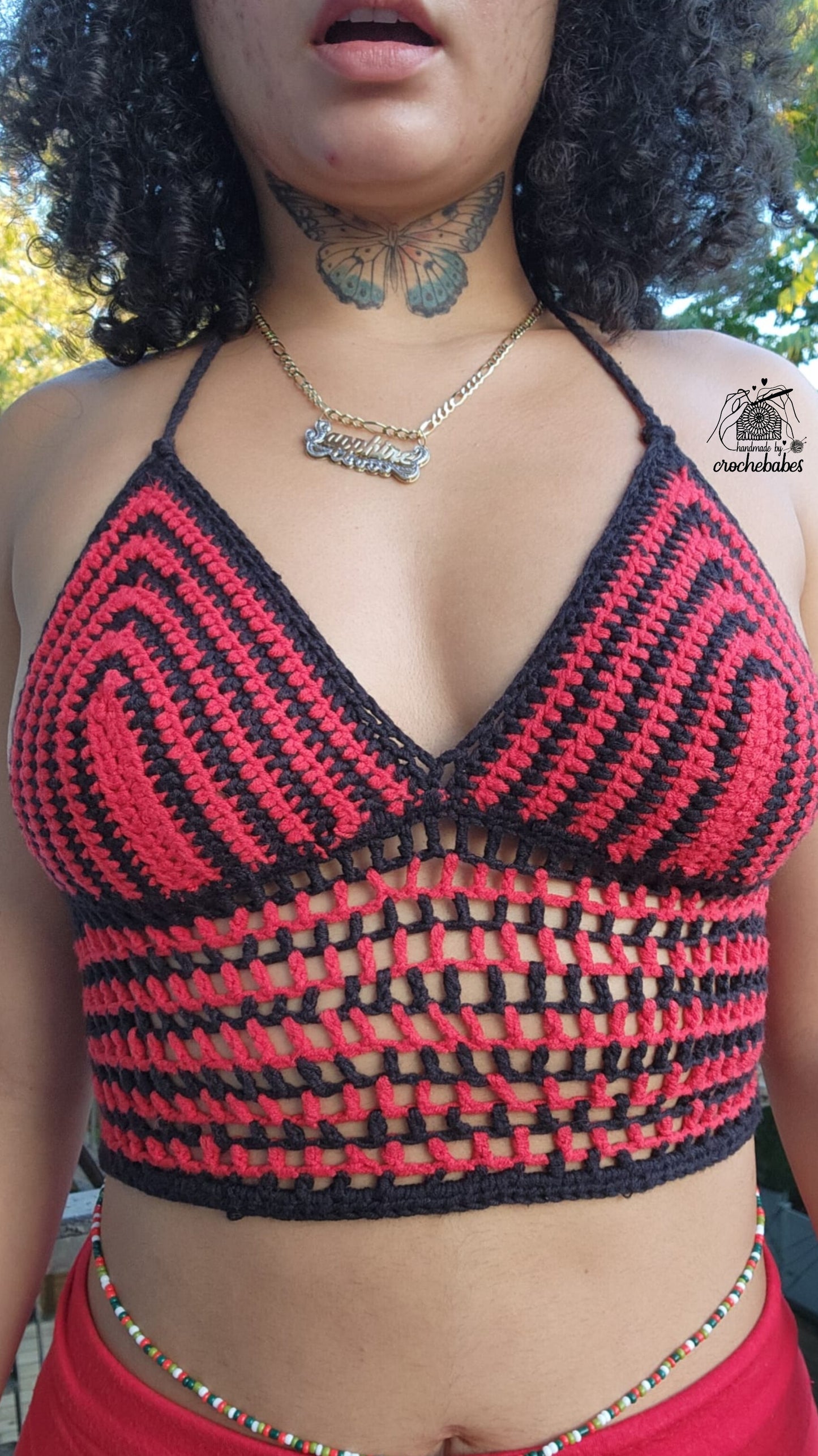 Corsets back adjustable straps red and black crochet top