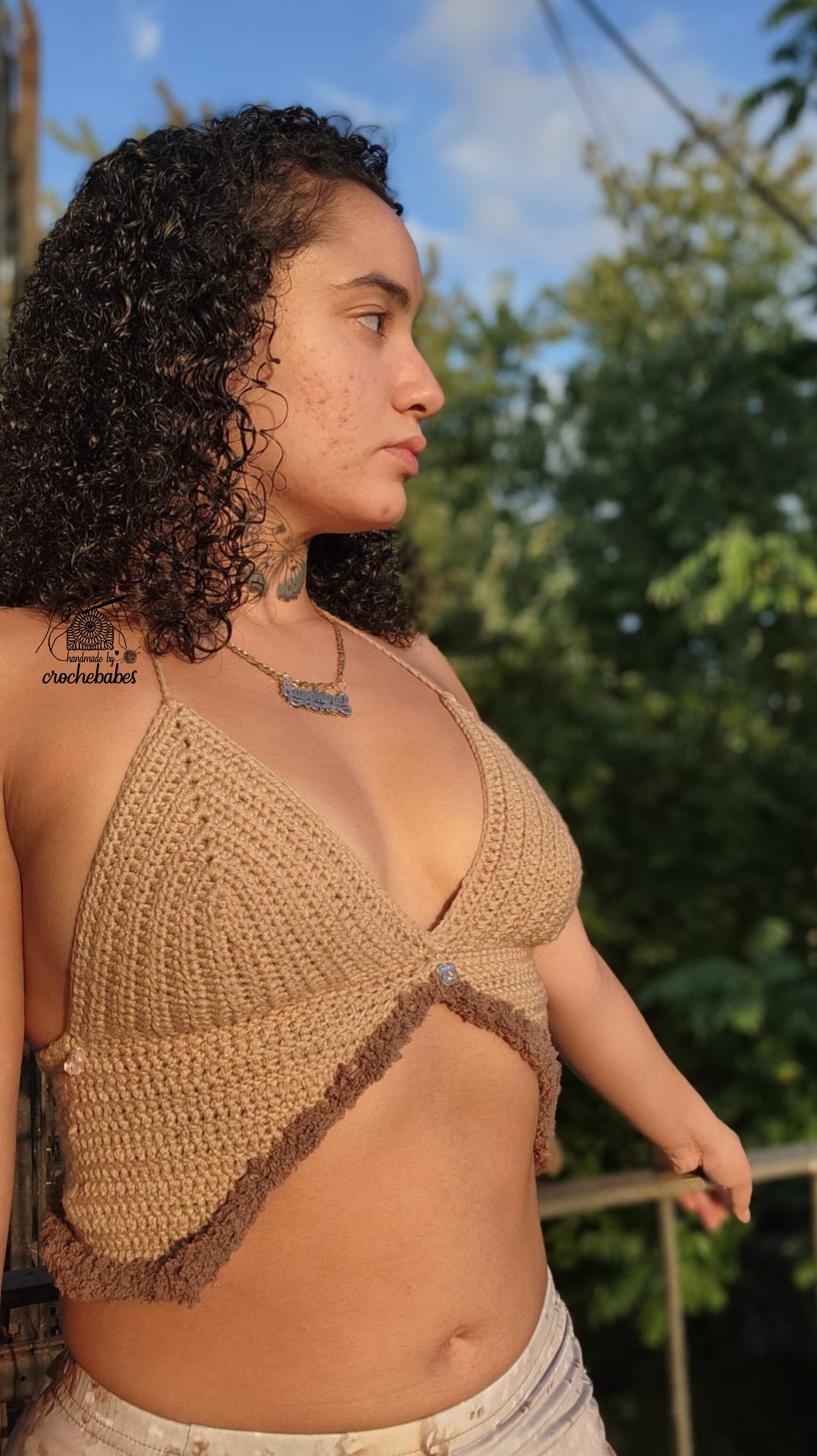 Asymmetrical Khaki crochet top with Fluffy design