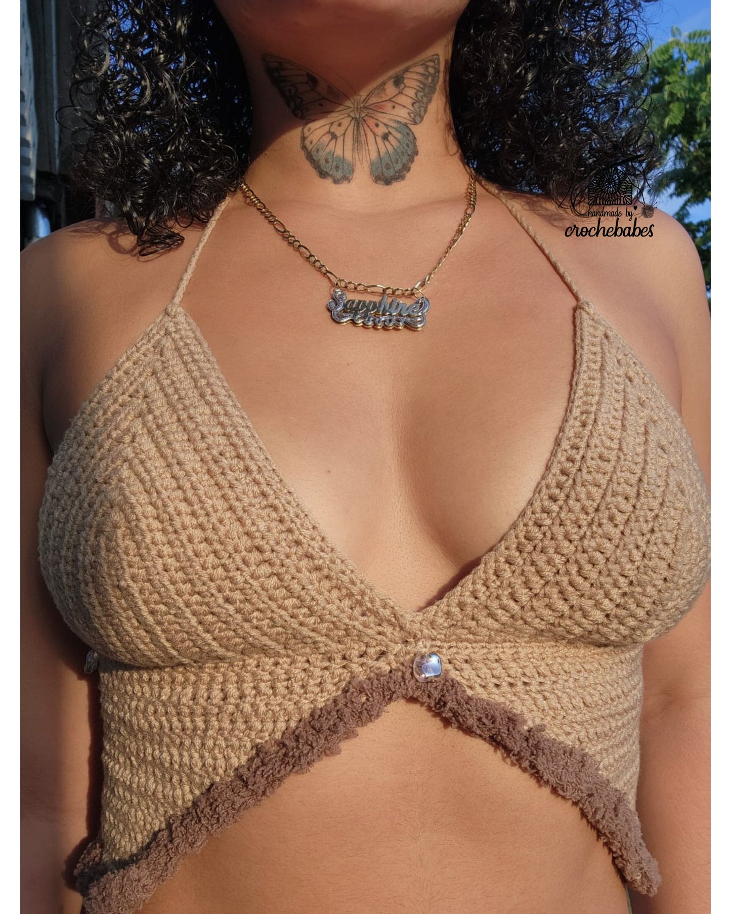 Asymmetrical Khaki crochet top with Fluffy design