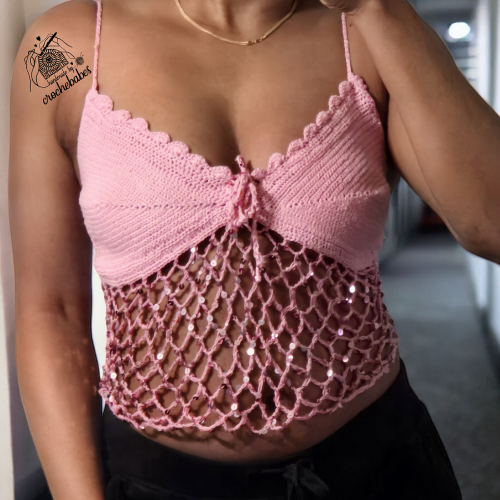 Pink crochet sequins lace top with corsets back adjustable mesh top