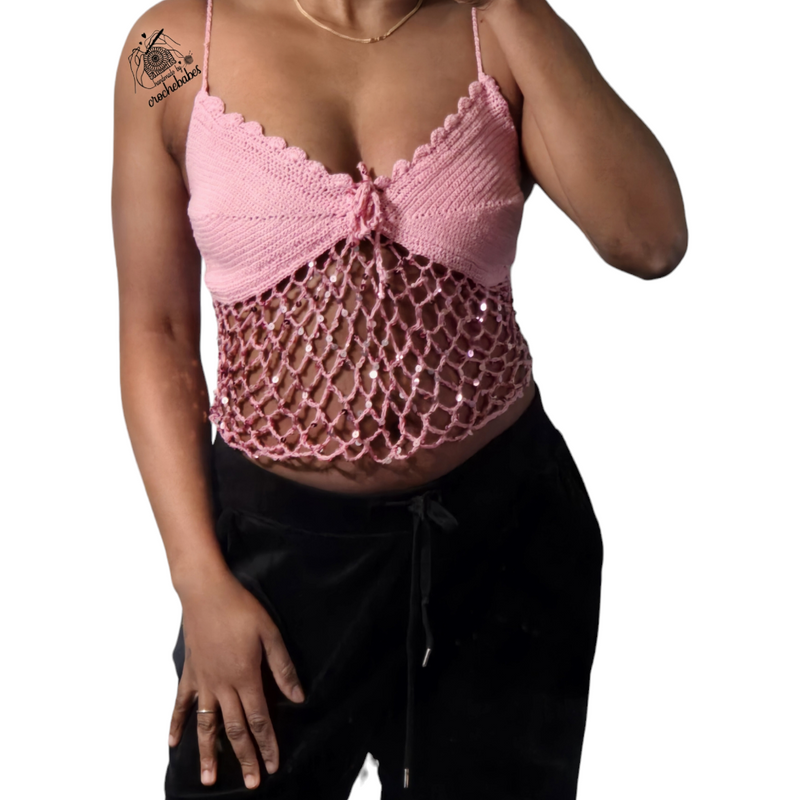 Pink crochet sequins lace top with corsets back adjustable mesh top