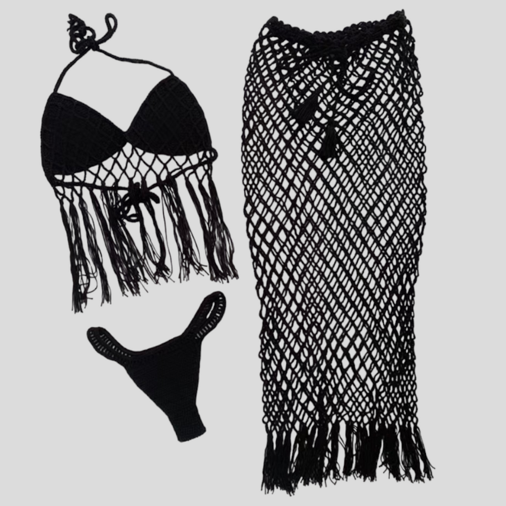 3-piece  khaki Crochet Fringe Bikini Top and Skirt Boho Fringe Halter Top, Crochet Crop Top, Women's Top with Fringe, Women's Bralette