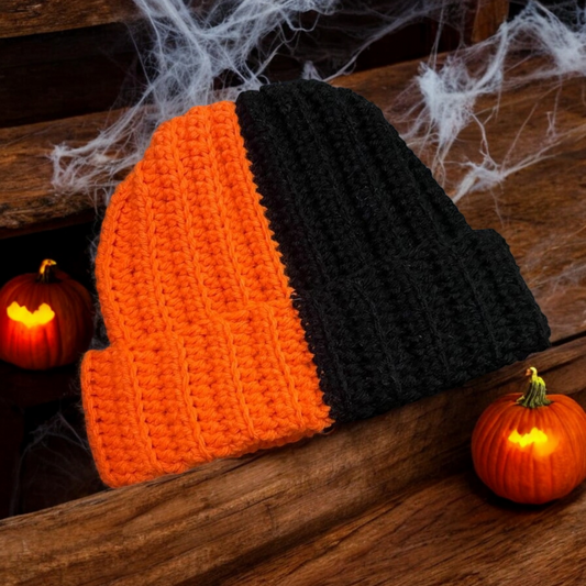 Orange and black Crochet Ribbed Beanie, Unisex Mulit-Color Ribbed Beanie