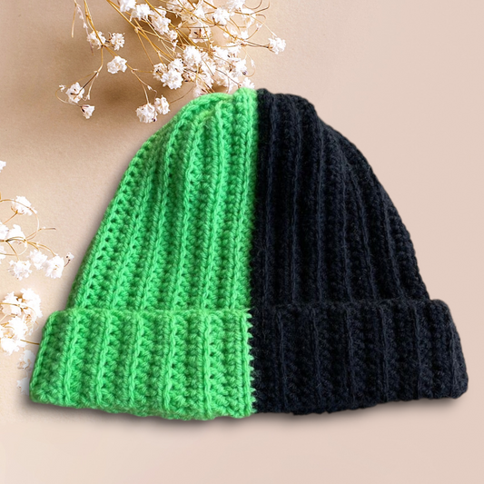 Green and black Ribbed Beanie, Unisex