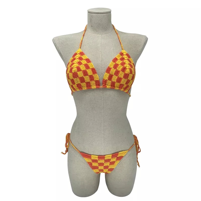 Yellow Checkered Crochet Bikini Beachwear .summer outfits, crochet bikini sets . Resortwear offshoulder / bikini sets/boho bikini