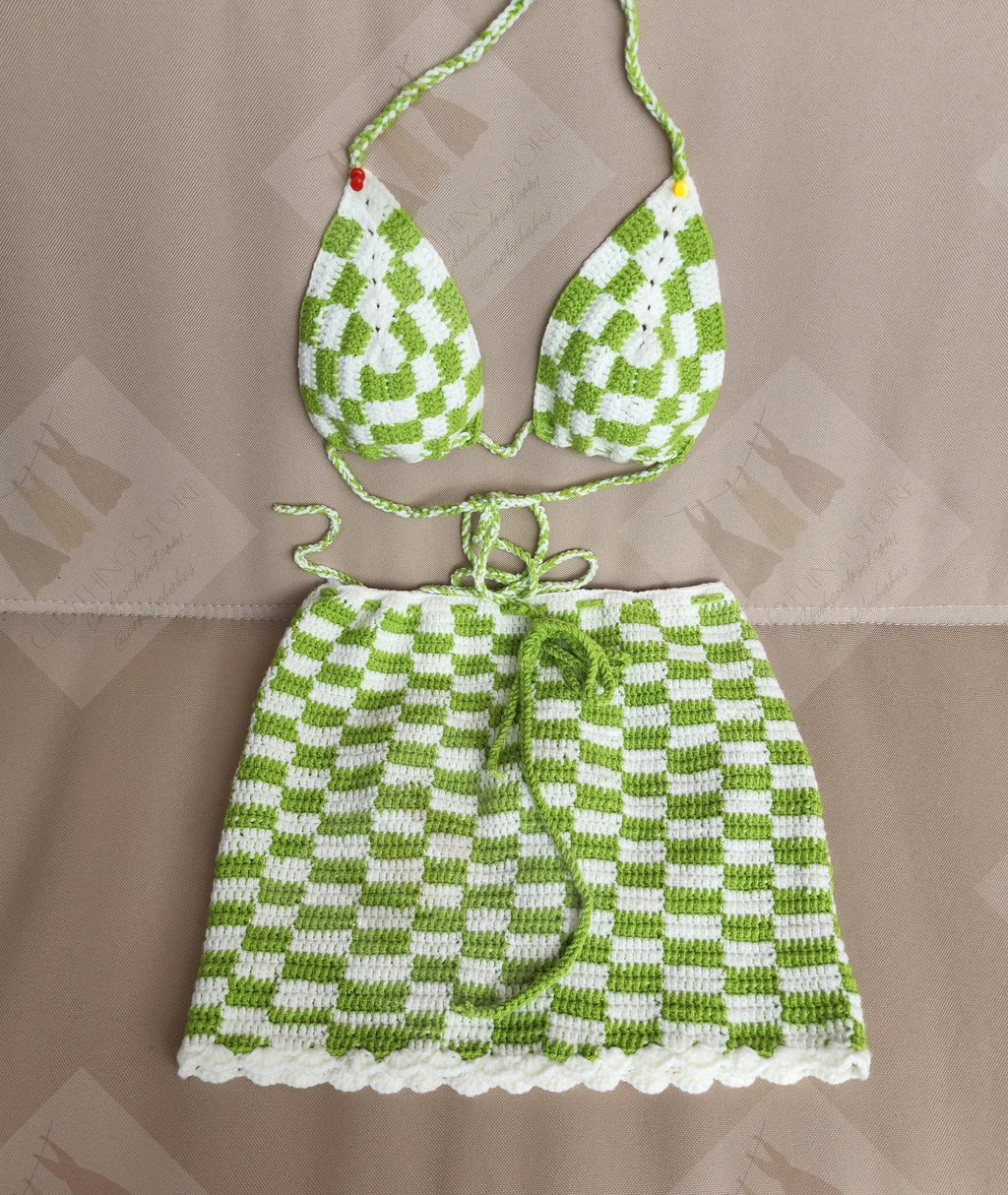 Two-piece sets  Checkered Bikini Top and mini skirt Beachwear .summer outfits, crochet bikini sets . Two-piece sets/boho bikini