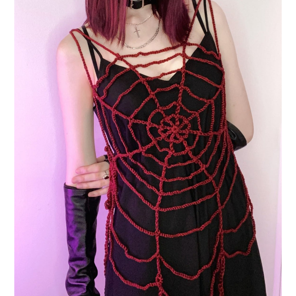 Gothic Hand-Crochet Cobweb Camis Women Tassels Long Overlapping Vest Red Black Punk Goth Holes Knitted Pullover Vest Femme