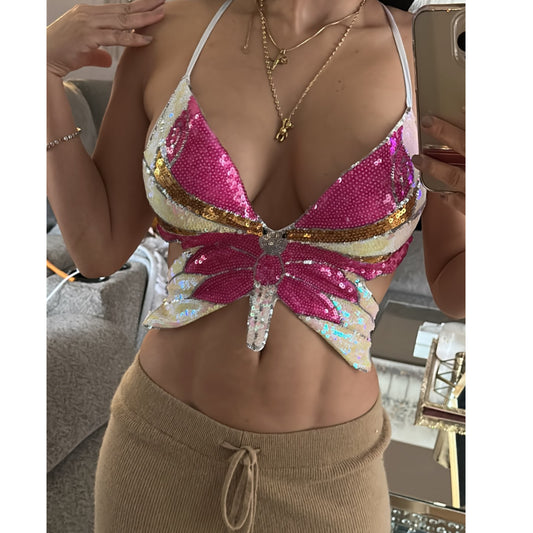 Pink Y2K Butterfly Sequin Top