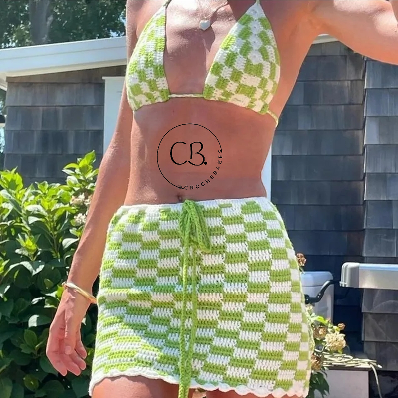 Two-piece sets  Checkered Bikini Top and mini skirt Beachwear .summer outfits, crochet bikini sets . Two-piece sets/boho bikini