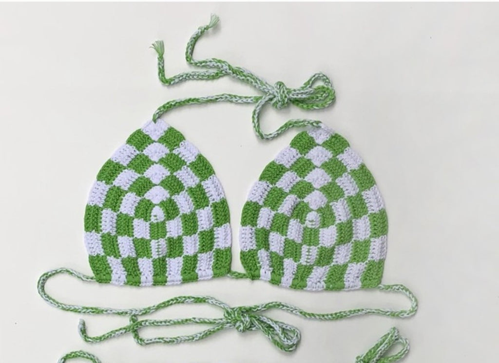 Green checkered crochet bikini top