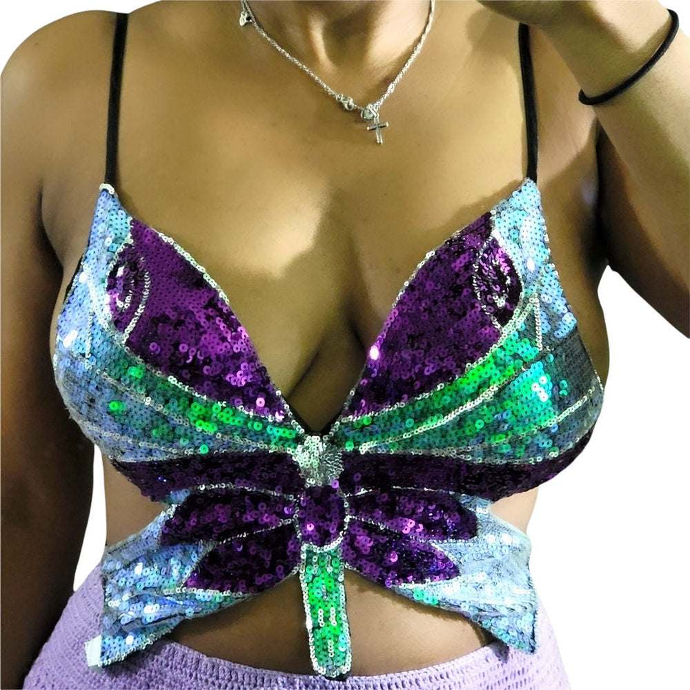 Women's Shiny Sequins Butterfly Crop Top Club Tribal Outfits Dance Wear  Glitter Bra Tops for Halloween Rave Party Festival , Blue Green