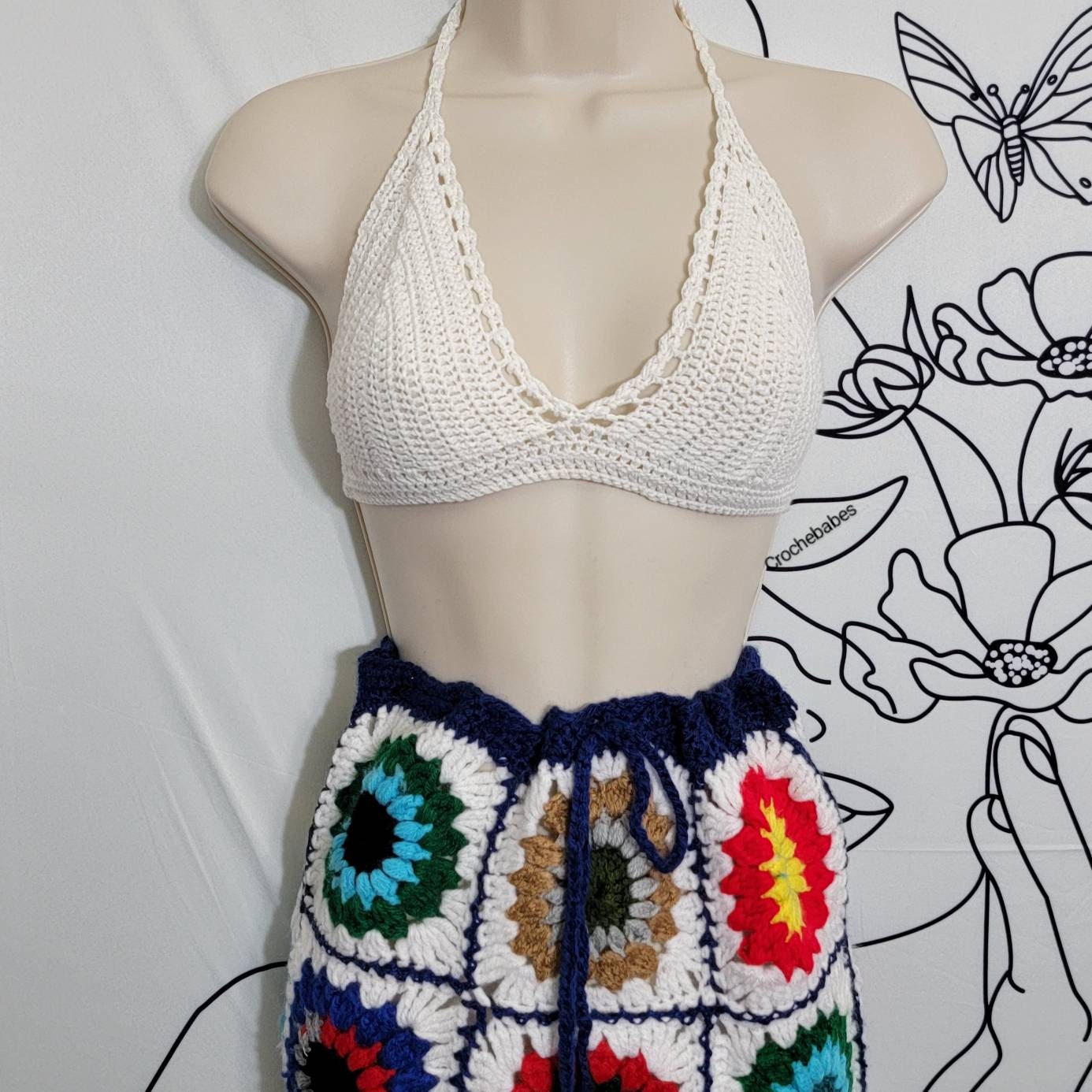 Floral skirt/ sunflower crochet skirt /mini skirt with split grannysquares skirts colorful skirt