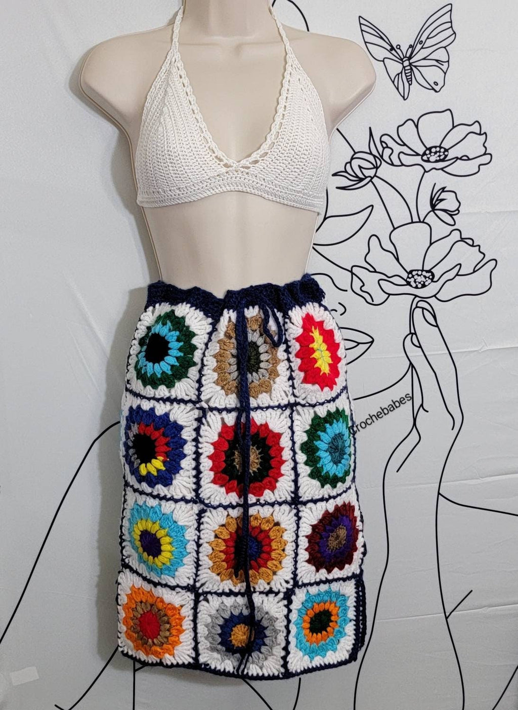 Floral skirt/ sunflower crochet skirt /mini skirt with split grannysquares skirts colorful skirt